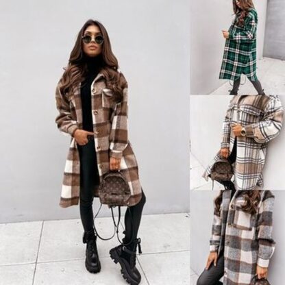 Купить Kalenmos Streetwear-style Long-sleeved Plaid Print Wool Coat Women Shirt Lapel Straight Single-breasted Coats and Jaets Woman