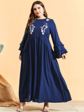 Купить Eid Mubarak Embroidery Abaya Dress Muslim Women Ruffle Sleeve Dubai Turkey Moroccan Kaftan Party Vestido Clothing Musulman Ropa