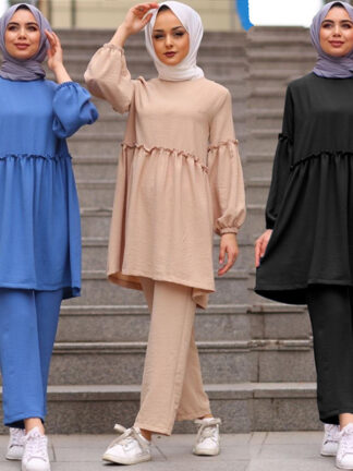 Купить Ramadan Two Piece Set Muslim Women Sets Arab Turkey Islam Solid Tops and Long Pant Islamic Clothing Abaya Musulman Ensembles