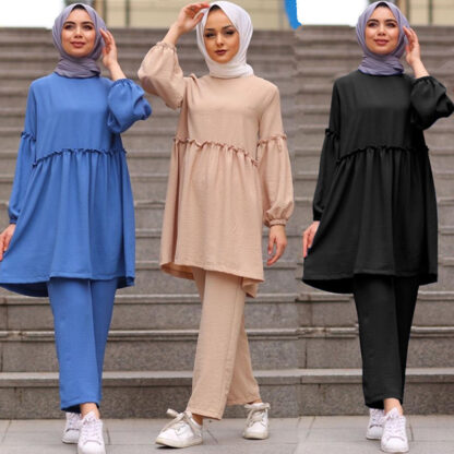 Купить Ramadan Two Piece Set Muslim Women Sets Arab Turkey Islam Solid Tops and Long Pant Islamic Clothing Abaya Musulman Ensembles