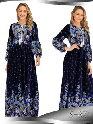 Купить Plus Size Muslim Hijab Dress Women Floral Print Abaya Party Veet Dresses Dubai Arab Long Robe Kaftan Turkey Islamic Clothing