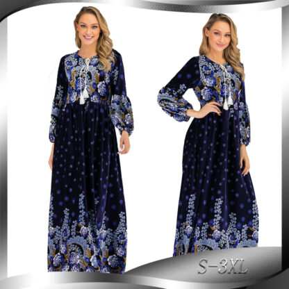 Купить Plus Size Muslim Hijab Dress Women Floral Print Abaya Party Veet Dresses Dubai Arab Long Robe Kaftan Turkey Islamic Clothing