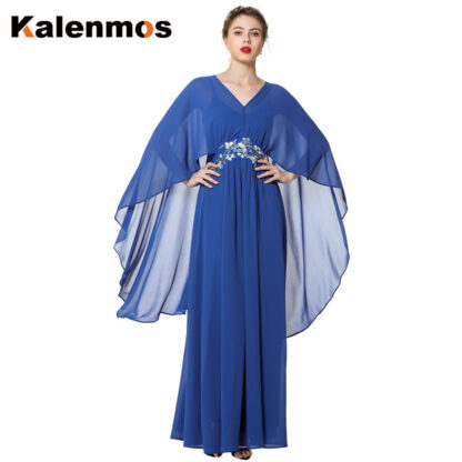 Купить Kalenmos Muslim Party Dress Women Summer Chiffon Elegant Long Cape Sleeve Cloak Dresses V-Ne Big Swing A-line Vestido Caftan