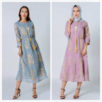 Купить Fashion Embroidered Muslim Dress Arab Abaya Duabi Lace-up Arabic Vestido Turkey Moroccon Kaftan Islamic Clothing India Gown Robe