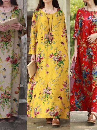 Купить Vintage French Muslim Women Abaya Dress Print Floral Plus Size Vestidos Mujer Moroccan Kaftan Turkey Dubai Maxi Casual Gowns