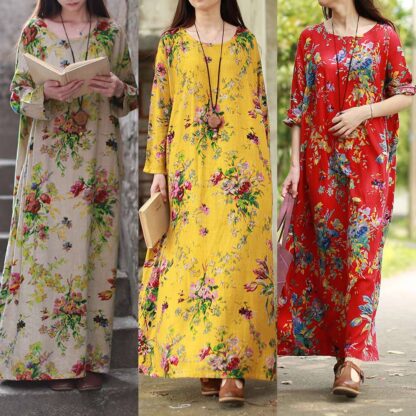 Купить Vintage French Muslim Women Abaya Dress Print Floral Plus Size Vestidos Mujer Moroccan Kaftan Turkey Dubai Maxi Casual Gowns