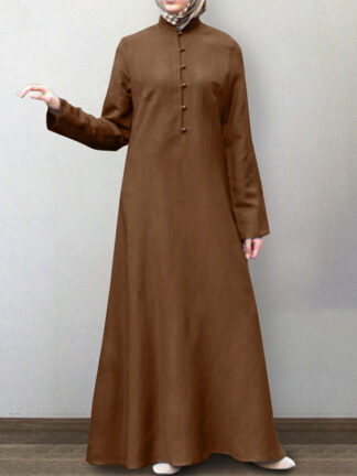 Купить Turkey Dubai Muslim Long Dress Women stand collar elegant button Abaya Islamic Clothing Elbise Moroccan Kaftan Hijab Dresses