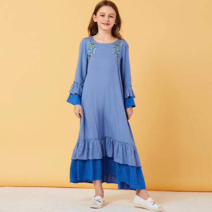 Купить Sweat Muslim Girls Dress ruffles Moroccan Dresses Children Kids Kimono Islamic Clothing Dubai A-line Vestido Kaftan Abaya Elbise