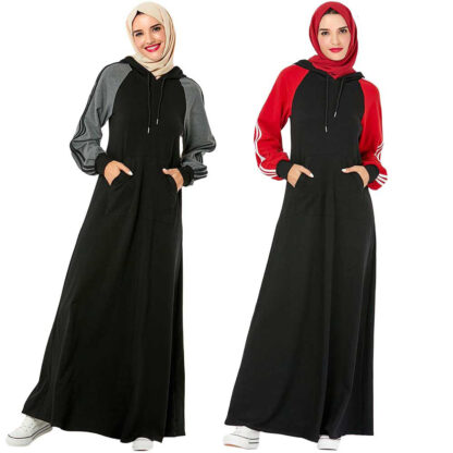 Купить Muslim Hooded Trasuit Maxi Dress Women Middle East Striped Jogging Long Vestido Sports Walk Wear Side Poets Islamic Clothing