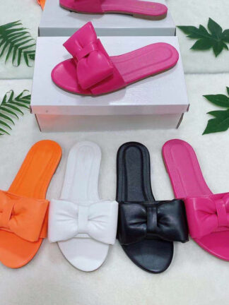 Купить New style summer solid color casual all-match flat bottom bow decoration outdoor female slippers Comfortable beach slippers
