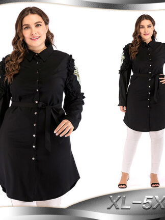 Купить Plus Size XL-5XL Muslim Shirts Women Blouse Embroidery Loose Lace-up Tops and Blouses Islamic Clothing Lapel Bla Streetwear