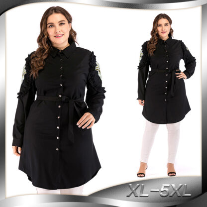 Купить Plus Size XL-5XL Muslim Shirts Women Blouse Embroidery Loose Lace-up Tops and Blouses Islamic Clothing Lapel Bla Streetwear