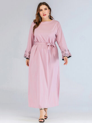 Купить Plus Size Abaya Muslim Dress Women Flare Sleeve Pink Party Long Dress Lace-up Hijab Kaftan Turkey Clothing Arabic Dubai Robe New