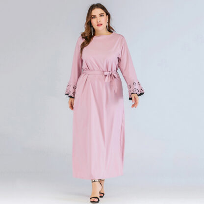 Купить Plus Size Abaya Muslim Dress Women Flare Sleeve Pink Party Long Dress Lace-up Hijab Kaftan Turkey Clothing Arabic Dubai Robe New