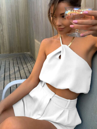 Купить Metal Chain Halter Crop Tops Women Elegant White Sleeveless Baless Top Cropped Summer Holidayhigh quality