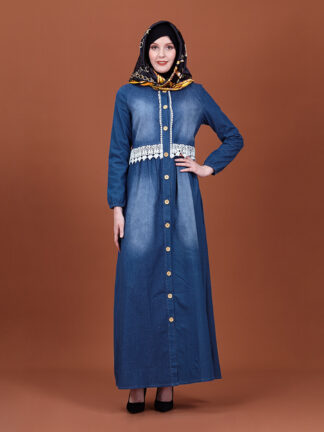 Купить Dubai Muslim Lace Denim Hijab Dress Women Splice A-line Abayas Dresses Arab Islam Loose Moroccan Kaftan Turkey Islamic Clothing