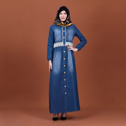 Купить Dubai Muslim Lace Denim Hijab Dress Women Splice A-line Abayas Dresses Arab Islam Loose Moroccan Kaftan Turkey Islamic Clothing