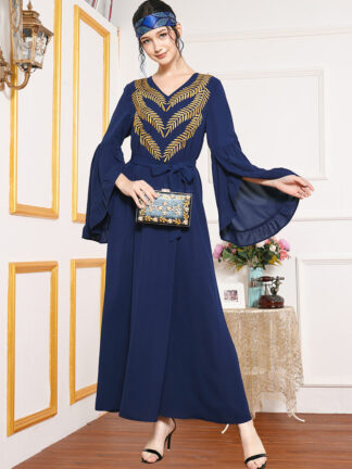 Купить Golden Leaves Embroidery Women Long Dress Elegant Ethnic V Ne Full Sleeve Loose Muslim islamic abaya Dubai Arabic Maxi Dresses