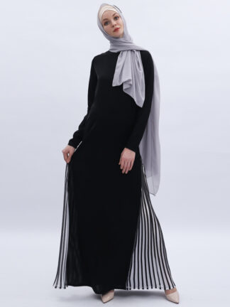 Купить Elegant Muslim Abaya Dresses Women Chic High Quality Stripe Maxi Hijab Dress Long Sleeve Kimono Dubai Arab Islamic Clothing