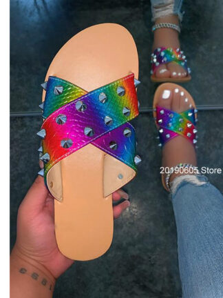 Купить Fashion sexy rivet cross color matching 2021 summer new style Roman style outdoor female slippers Plus Size Beach Slippers