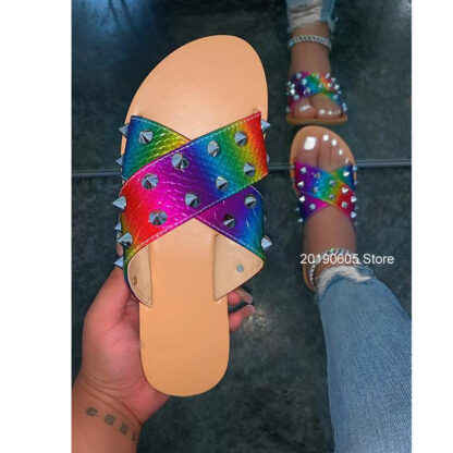 Купить Fashion sexy rivet cross color matching 2021 summer new style Roman style outdoor female slippers Plus Size Beach Slippers