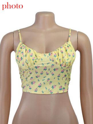 Купить Yellow Floral Print Sleeveless Camis Crop Tops Sexy Baless Lace Up 2021 Summer Straps Cropped Top Femininohigh quality