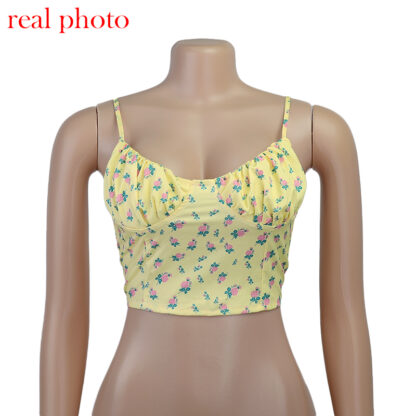 Купить Yellow Floral Print Sleeveless Camis Crop Tops Sexy Baless Lace Up 2021 Summer Straps Cropped Top Femininohigh quality