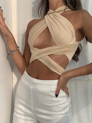 Купить Hot Sexy Halter Bandage Cut-Out Crop Tops Women Chic Fashion Sleeveless Baless Khaki Top Cropped Party Clubwearhigh quality