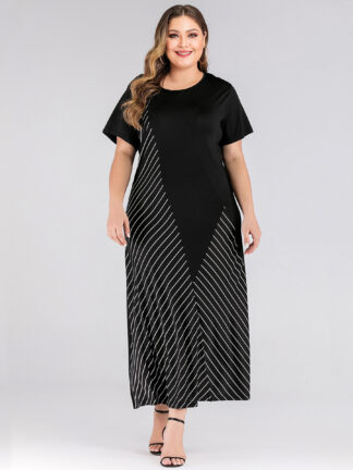 Купить Tureky Arab Plus Size Muslim Dress Women Striped Maxi Vestidos Moroccan Kaftan Oversized Elastic Short Sleeve Sundress Musulman