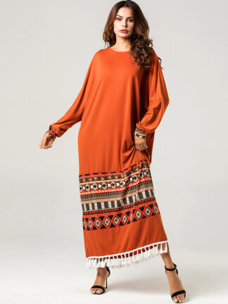 Купить Fashion Print Tassel Abaya Muslim Hijab Dress Women Morccan Kaftan Dubai Turkey Islamic Clothing Dresses Robe Musulman Vestidos