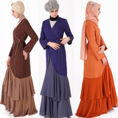 Купить Islam Muslim Maxi Hijab Dress Ruffles Patchwork Plus Size Abaya Dresses Women Lace-up Long Robe Tunic Middle East Islamic Kaftan