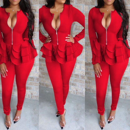 Купить Long Sleeve Ruffles Tops and Pants Suits Women Spring Autumn Trasuit Office Ladies Matching Outfits Two Piece Set Plus Size