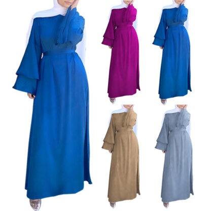 Купить Ramadan Flare Sleeve Muslim Women Dress Islamic Clothing Solid Eid Turkey Hijab Abaya Vestidos Lace-up Moroccan Kaftan Abayas