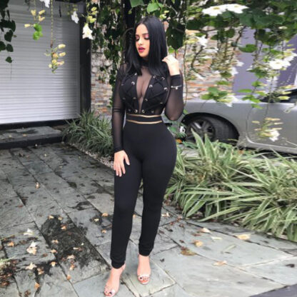 Купить KALENMOS Jumpsuit Women New Autumn Bla Sexy Bodycon Romper Lace Long Sleeve Jumpsuit Elegant Mesh Splicing Long Jumpsuit Club