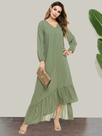 Купить Eid Muslim Women Dress New Spring V-ne Striped Prints Green Vestidos Moroccan Kaftan Abaya Islamic Clothing Party Night 2021