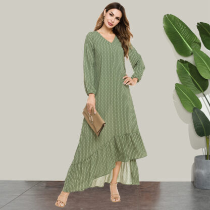 Купить Eid Muslim Women Dress New Spring V-ne Striped Prints Green Vestidos Moroccan Kaftan Abaya Islamic Clothing Party Night 2021