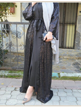 Купить Dubai Turkey Muslim Abaya Dress Women Bla Sequin Maxi Dresses Lace-up Moroccan Kaftan Jubah Long Robe Caftan Islamic Clothing