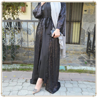 Купить Dubai Turkey Muslim Abaya Dress Women Bla Sequin Maxi Dresses Lace-up Moroccan Kaftan Jubah Long Robe Caftan Islamic Clothing