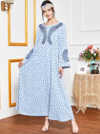 Купить arabic Maxi Dress Polka Dot Leaves Embroidered Loose Arabic Turkey Muslim Women islamic Clothes Sky Blue Casual Plus Size Autumn