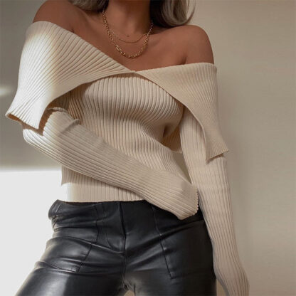 Купить Chic Fashion Off Shoulder Ribbed Knitted Womens Top Fall Winter Long Sleeve Cropped Top Slim Streetwear Clothinghigh quality