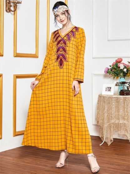 Купить new turkey abaya dress women Ethnic Embroidered Plaid Long Dresses Full Sleeve Maxi Loose Muslim Arabic Clothing Autumn vestidos