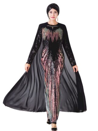 Купить Muslim party dress with cape women High Quality Abaya Sequin Embroidery hijab Dress Long Sleeve Dubai caftan Robe Islamic dress