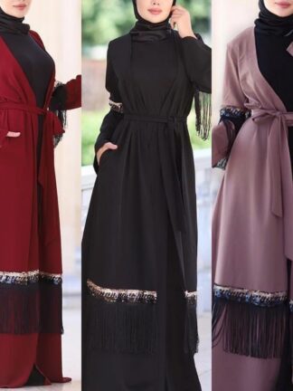 Купить Sequins Open Abayas for Women Muslim Ramadan Long Robe Lace-up Hijab Tassel Party Dress Dubai Arab Kimono Jubah Islamic Clothing