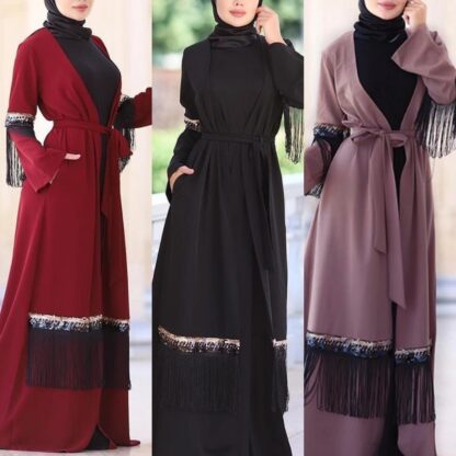 Купить Sequins Open Abayas for Women Muslim Ramadan Long Robe Lace-up Hijab Tassel Party Dress Dubai Arab Kimono Jubah Islamic Clothing