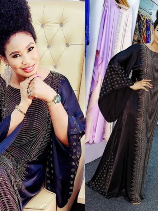 Купить African Dresses for Women Muslim Party Abaya Dress Silk Beading Maxi Bazin Vintage Long Sleeve Robe Gowns Africa Clothing Dress