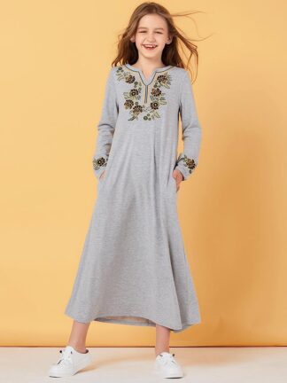 Купить Children Sweat Muslim Dress Girls trasuit Floral Moroccan Dresses Kids Kimono Islamic Clothing Dubai A-line Vestido Kaftan