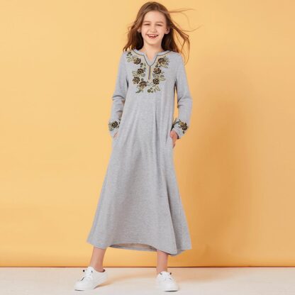 Купить Children Sweat Muslim Dress Girls trasuit Floral Moroccan Dresses Kids Kimono Islamic Clothing Dubai A-line Vestido Kaftan