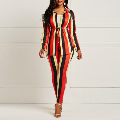 Купить Striped Two Piece Set Shirt and Pant Suit Women Long Sleeve Shirts Top Pants Female Sexy Outfit Office Lady Work Wear Trasuit