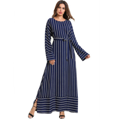 Купить Modest Split Muslim Abaya Dress Women Striped Islamic Jilbab Elbise Lace-up slim fit Hijab Vestidos Dubai Arab Moroccan Kaftan