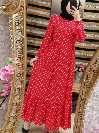 Купить Print Dot Plus Size Maxi Dresses Women Dubai Arab Muslim Ruffles Pleat Long Dress Islam Abaya Ramadan Islamic Clothing S-5XL